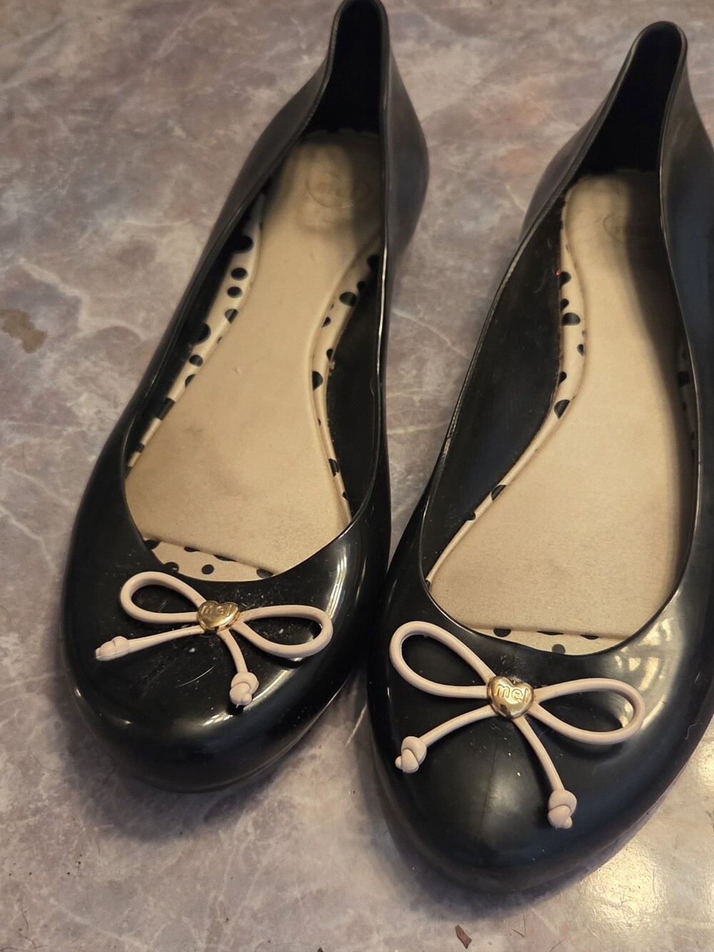Melissa Black Patent Flats with White Bow Accent